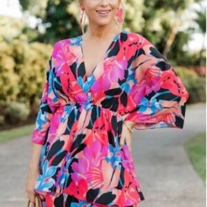 PINK LILY Sea You Soon Multi Color Tropical Mini Dress M